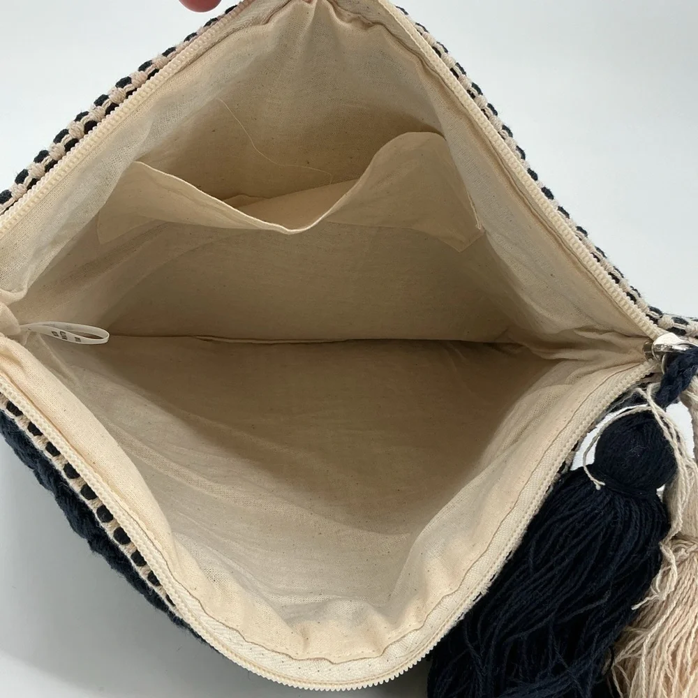 Navy and Cream Bohemian Geometric Patterned Clutch with tassel